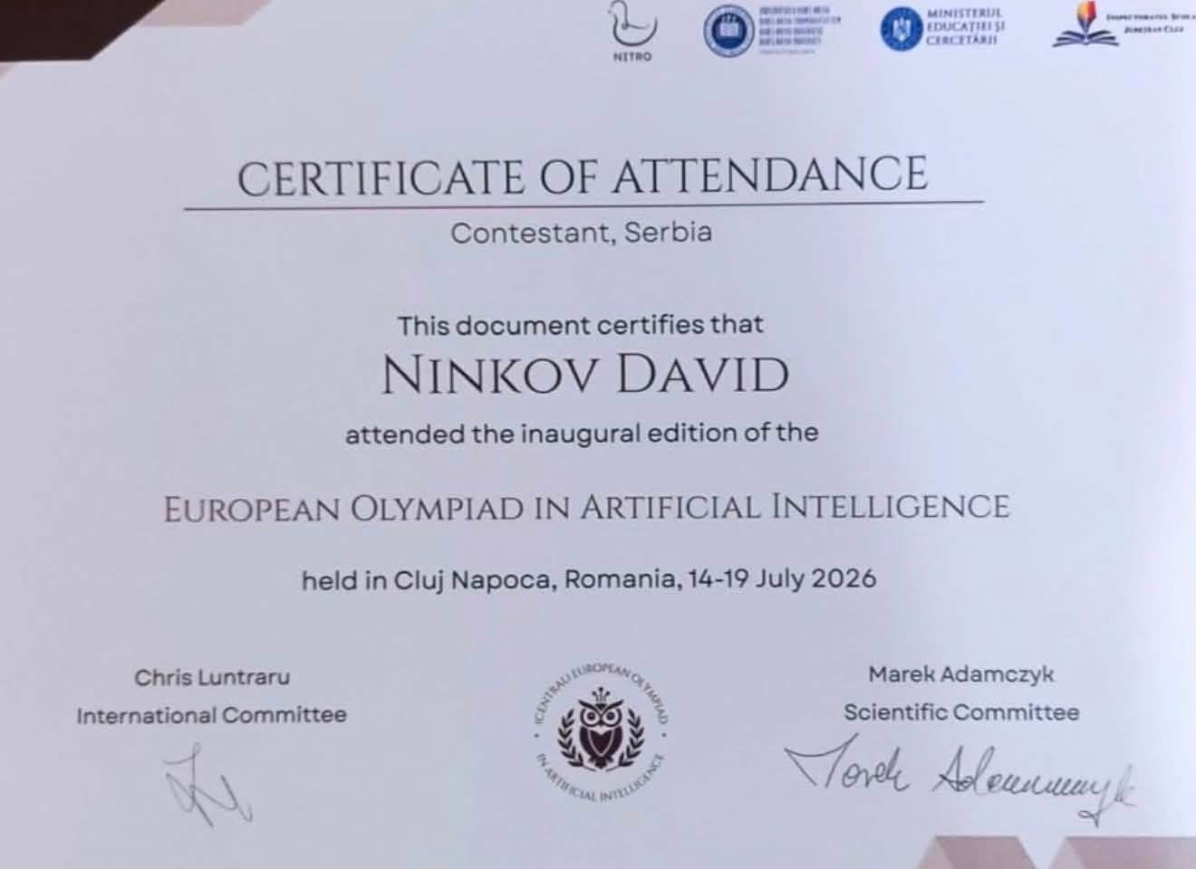 David Ninkov iz Kule predstavljao Srbiju na Evropskom prvenstvu iz veštačke inteligencije