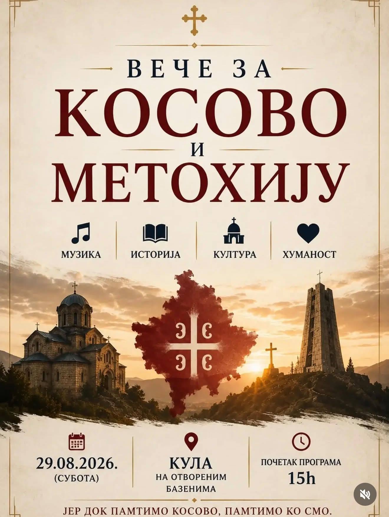 „Veče za Kosovo i Metohiju“ 29. avgusta u Kuli